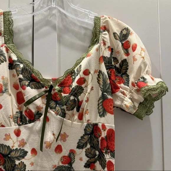 Cider Strawberry Floral Lace Trim Bow Midi Dress Fairy Cottagecore Coquette NEW! - Picture 12 of 16